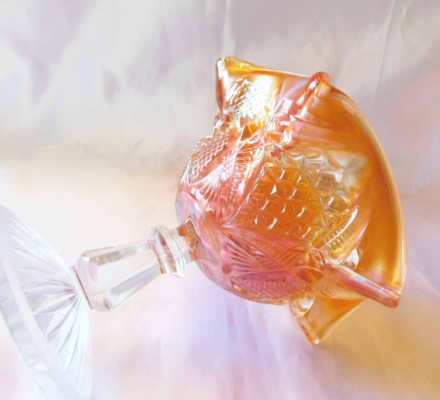 1930s Iridescent Marigold Pressed Glass Compote With Clear Base 5 1930s Iridescent Marigold Pressed Glass Compote With Clear Base - Image 3