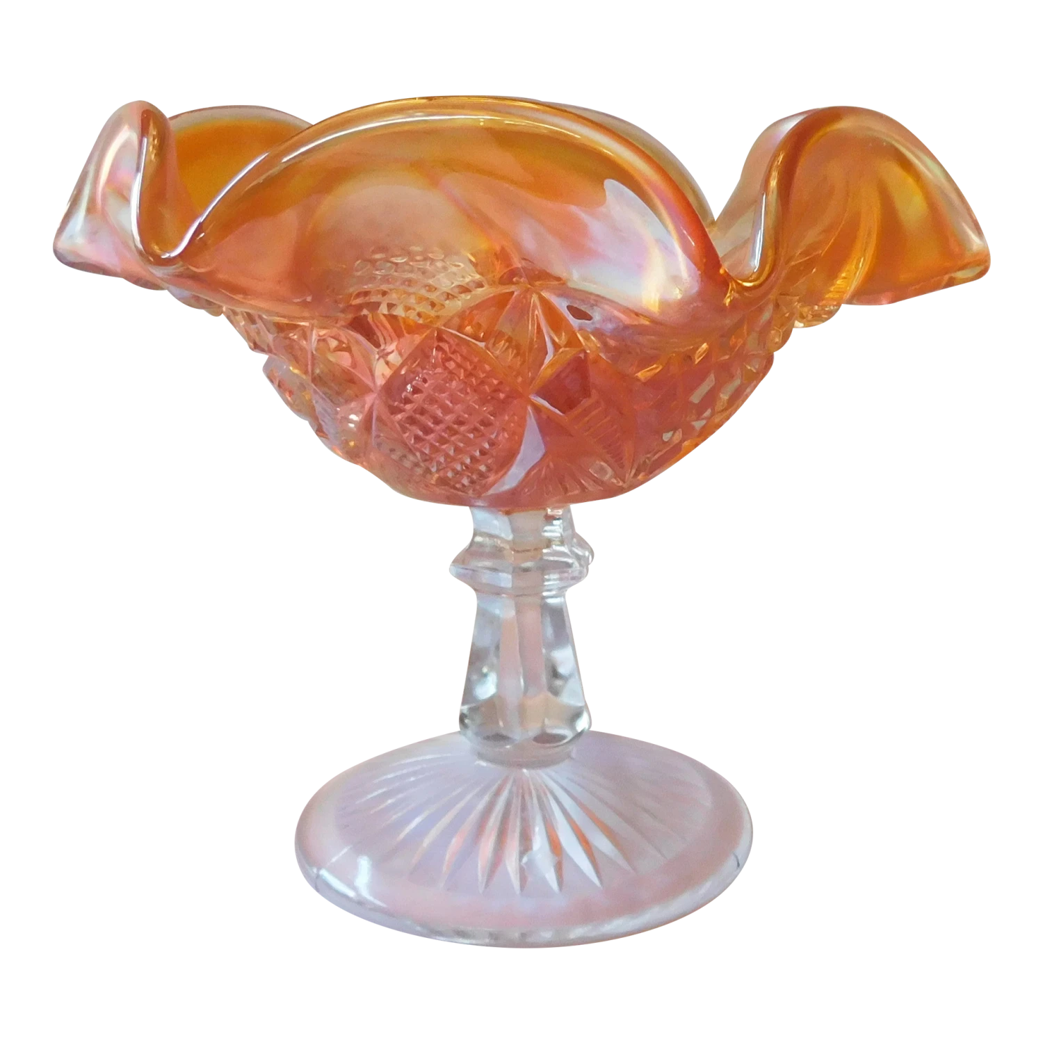 1930s Iridescent Marigold Pressed Glass Compote With Clear Base 3 1930s Iridescent Marigold Pressed Glass Compote With Clear Base