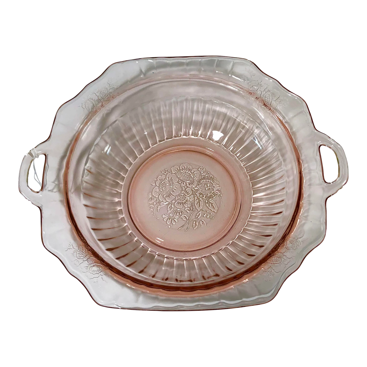 1940s Anchor Hocking Mayfair Pink Handled Round Vegetable Bowl 3 1940s Anchor Hocking Mayfair Pink Handled Round Vegetable Bowl