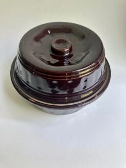 1940s McCoy Pottery Deep Brown Glazed Stoneware Dutch Oven -Lenox Shop 1940s mccoy pottery deep brown glazed stoneware dutch oven 0499