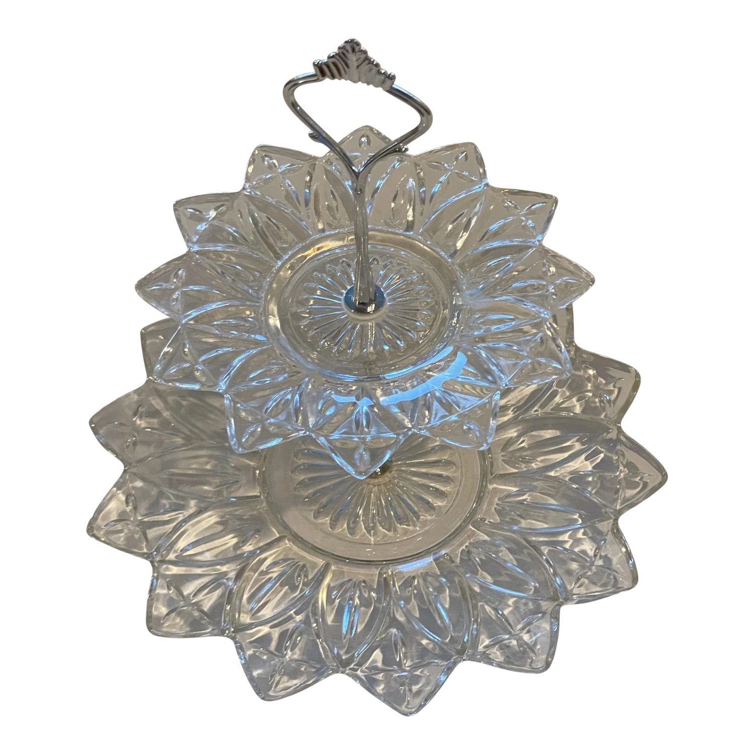 1960s Vintage Petal Flower 2 Tier Clear Pressed Glass Serving Tray 3 1960s Vintage Petal Flower 2 Tier Clear Pressed Glass Serving Tray