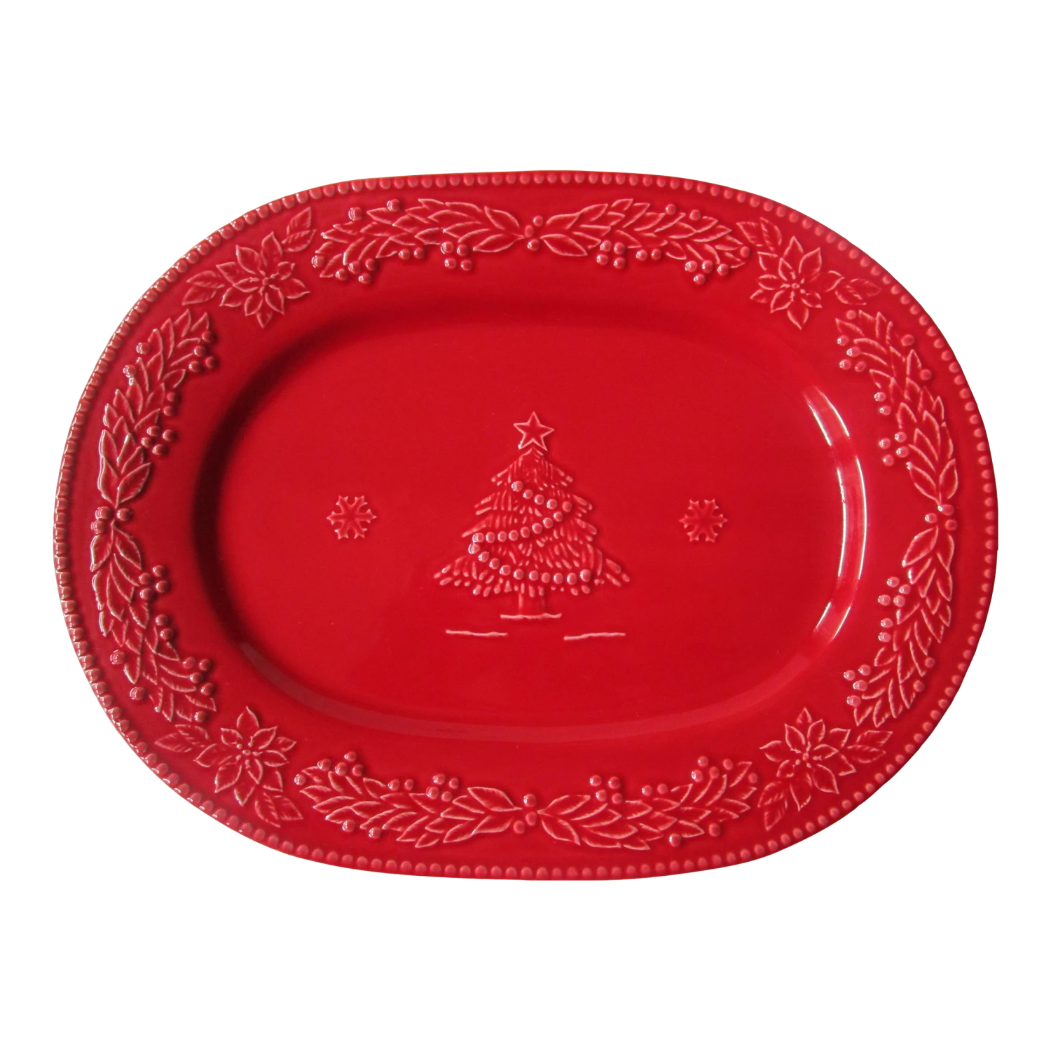 1990s Bordallo Pinheiro Poinsettia Christmas Gloss Red Oval Serving Platter 3 1990s Bordallo Pinheiro Poinsettia Christmas Gloss Red Oval Serving Platter