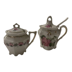 Antique Bavarian Sugar Or Salt Bowls & Spoon- 3 Pieces