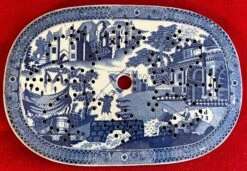 Antique Early 19th Century English Staffordshire Pearlware Blue & White Transfer Ware Mazarin Strainer For A Platter With Chinese Decoration -Lenox Shop antique early 19th century english staffordshire pearlware blue and white transfer ware mazarin strainer for a platter with chinese decoration 0404