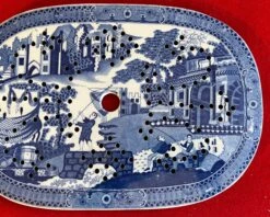 Antique Early 19th Century English Staffordshire Pearlware Blue & White Transfer Ware Mazarin Strainer For A Platter With Chinese Decoration -Lenox Shop antique early 19th century english staffordshire pearlware blue and white transfer ware mazarin strainer for a platter with chinese decoration 1985
