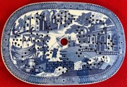 Antique Early 19th Century English Staffordshire Pearlware Blue & White Transfer Ware Mazarin Strainer For A Platter With Chinese Decoration -Lenox Shop antique early 19th century english staffordshire pearlware blue and white transfer ware mazarin strainer for a platter with chinese decoration 5596