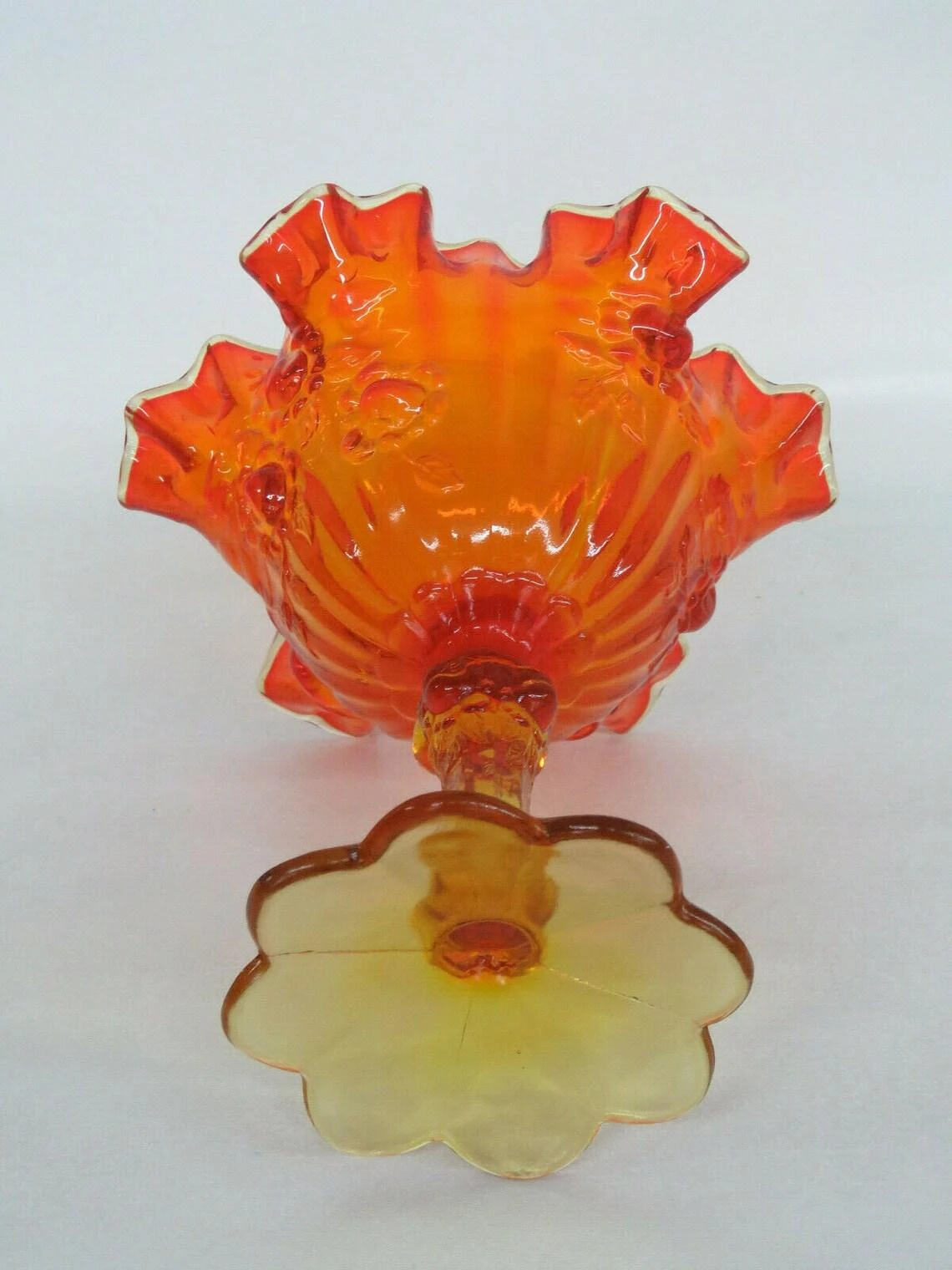 Fenton Cabbage Rose Style Amberina Glass Ruffled Compote Candy Dish 9 Fenton Cabbage Rose Style Amberina Glass Ruffled Compote Candy Dish - Image 7
