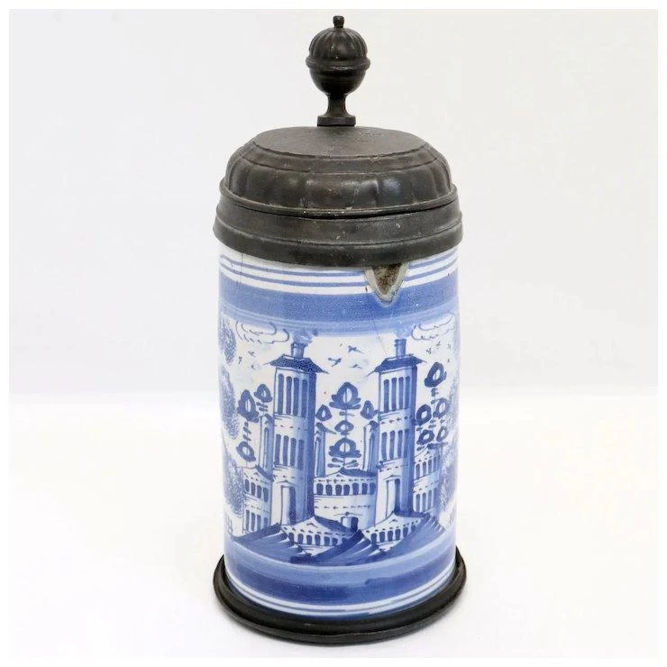 German Bayreuth Faience Pottery Pewter Mounted Blue And White Tankard 7 German Bayreuth Faience Pottery Pewter Mounted Blue And White Tankard - Image 5