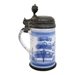 German Bayreuth Faience Pottery Pewter Mounted Blue And White Tankard