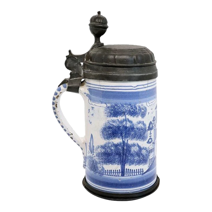 German Bayreuth Faience Pottery Pewter Mounted Blue And White Tankard 3 German Bayreuth Faience Pottery Pewter Mounted Blue And White Tankard