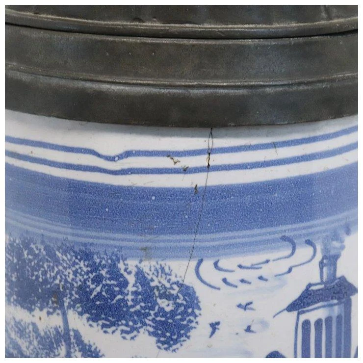 German Bayreuth Faience Pottery Pewter Mounted Blue And White Tankard 6 German Bayreuth Faience Pottery Pewter Mounted Blue And White Tankard - Image 4