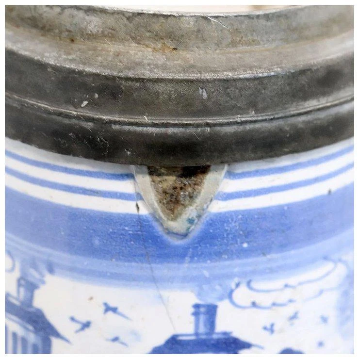 German Bayreuth Faience Pottery Pewter Mounted Blue And White Tankard 4 German Bayreuth Faience Pottery Pewter Mounted Blue And White Tankard - Image 2