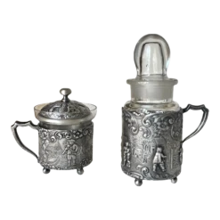 Glass Cruet Set-Early 20th Century Silverplate With Repoussé