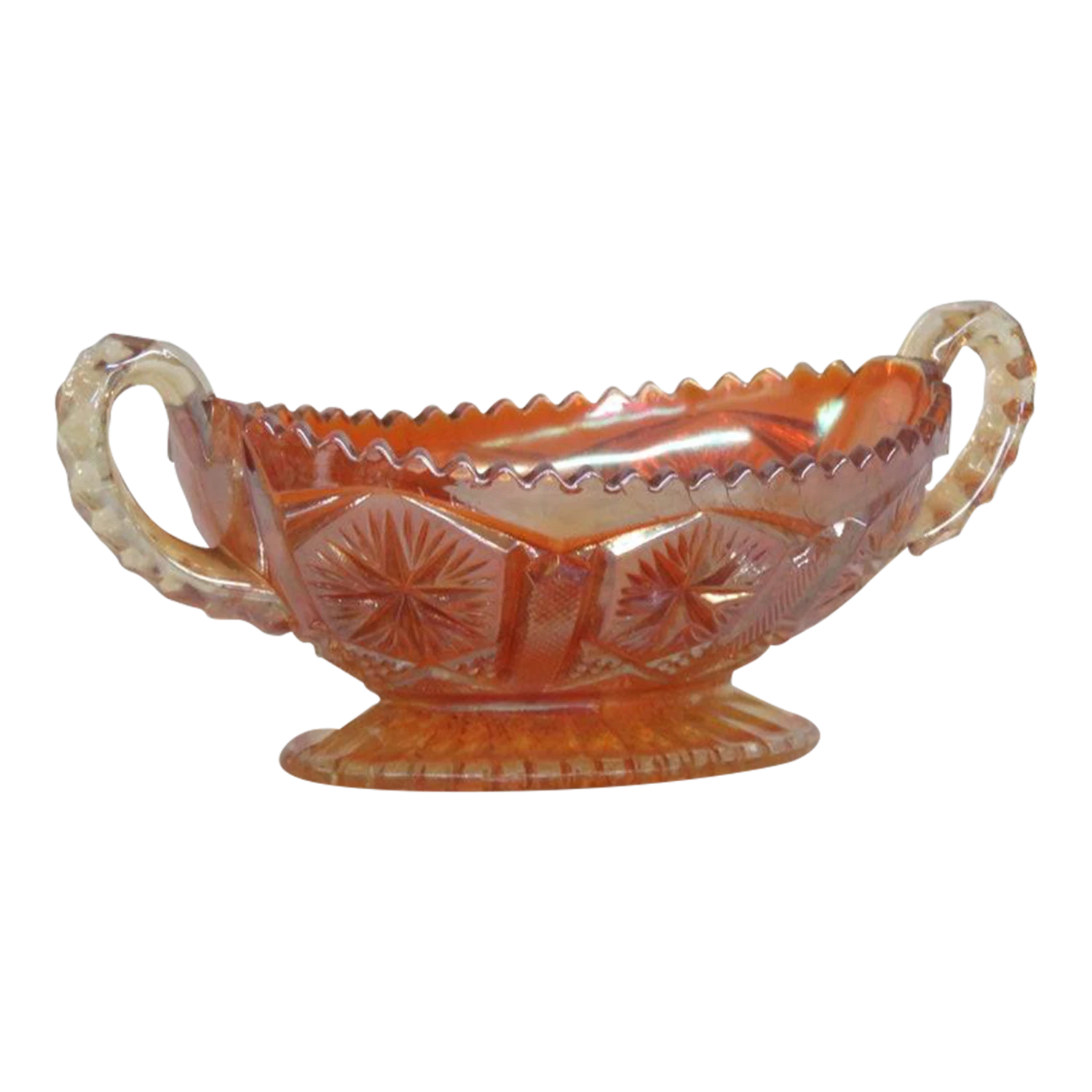 Imperial Star And File Marigold Carnival Glass Sawtooth Bowl With Handles 3 Imperial Star And File Marigold Carnival Glass Sawtooth Bowl With Handles