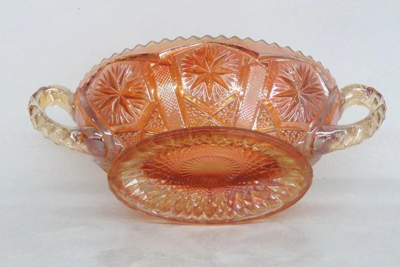 Imperial Star And File Marigold Carnival Glass Sawtooth Bowl With Handles 9 Imperial Star And File Marigold Carnival Glass Sawtooth Bowl With Handles - Image 7
