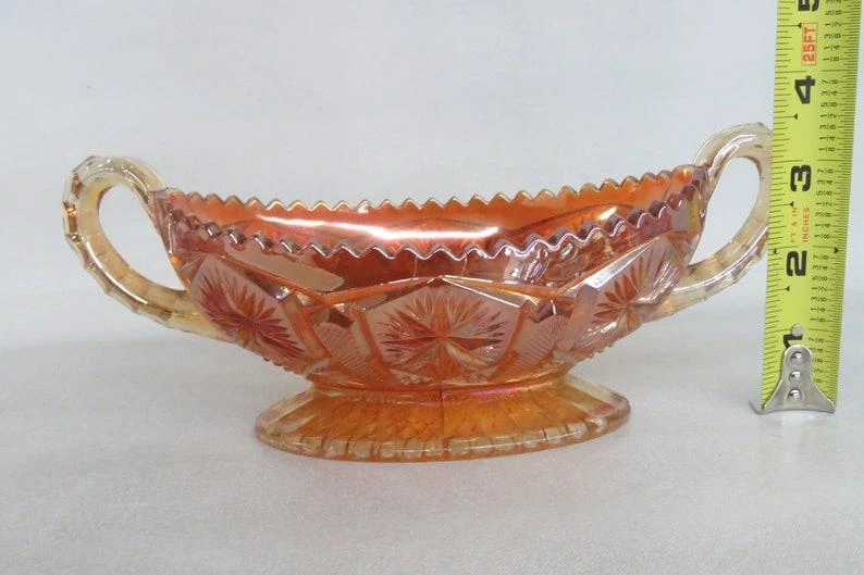 Imperial Star And File Marigold Carnival Glass Sawtooth Bowl With Handles 12 Imperial Star And File Marigold Carnival Glass Sawtooth Bowl With Handles - Image 10