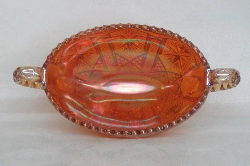 Imperial Star And File Marigold Carnival Glass Sawtooth Bowl With Handles 10 Imperial Star And File Marigold Carnival Glass Sawtooth Bowl With Handles - Image 8