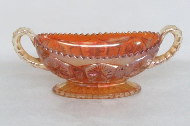 Imperial Star And File Marigold Carnival Glass Sawtooth Bowl With Handles 7 Imperial Star And File Marigold Carnival Glass Sawtooth Bowl With Handles - Image 5
