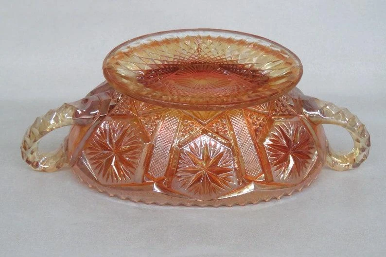 Imperial Star And File Marigold Carnival Glass Sawtooth Bowl With Handles 8 Imperial Star And File Marigold Carnival Glass Sawtooth Bowl With Handles - Image 6