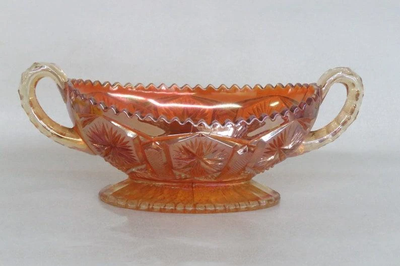 Imperial Star And File Marigold Carnival Glass Sawtooth Bowl With Handles 4 Imperial Star And File Marigold Carnival Glass Sawtooth Bowl With Handles - Image 2