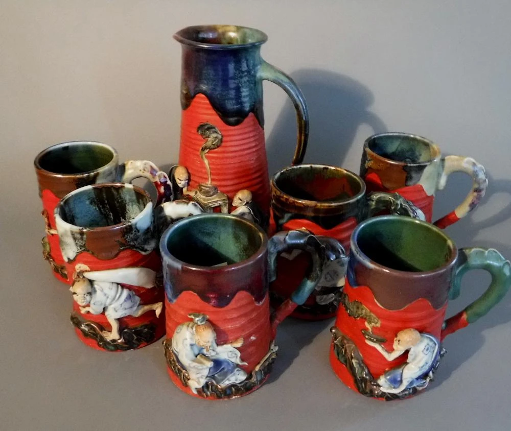 Japanese Sumida Gawa Pottery Tankard And 6 Mugs Artist Signed - 7 Pieces 4 Japanese Sumida Gawa Pottery Tankard And 6 Mugs Artist Signed - 7 Pieces - Image 2