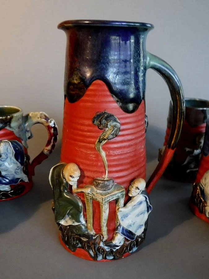 Japanese Sumida Gawa Pottery Tankard And 6 Mugs Artist Signed - 7 Pieces 5 Japanese Sumida Gawa Pottery Tankard And 6 Mugs Artist Signed - 7 Pieces - Image 3