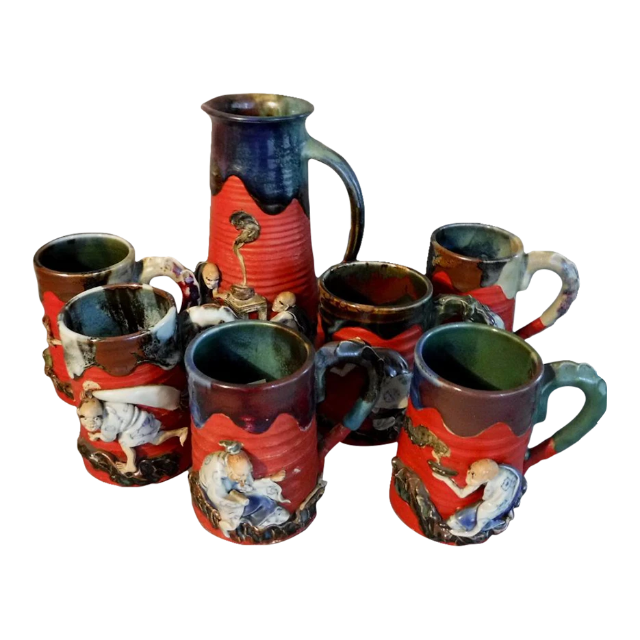 Japanese Sumida Gawa Pottery Tankard And 6 Mugs Artist Signed - 7 Pieces 3 Japanese Sumida Gawa Pottery Tankard And 6 Mugs Artist Signed - 7 Pieces