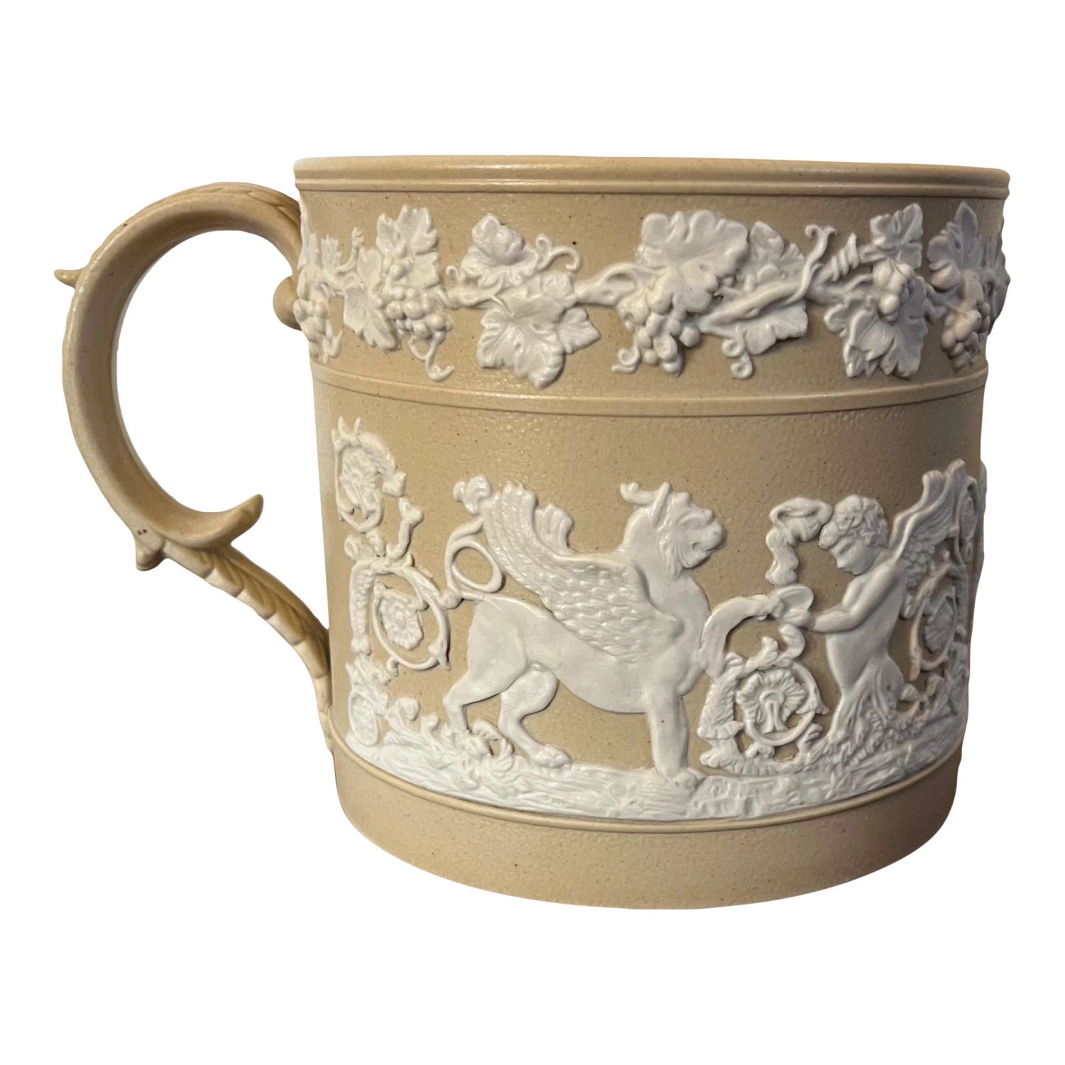 Large Antique Early 19th Century English Jasperware Porter's Mug Decorated With Griffons 3 Large Antique Early 19th Century English Jasperware Porter's Mug Decorated With Griffons