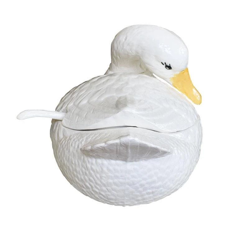 Large Ceramic Cream Painted Covered Duck Tureen With Feather Ladle 7 Large Ceramic Cream Painted Covered Duck Tureen With Feather Ladle - Image 5