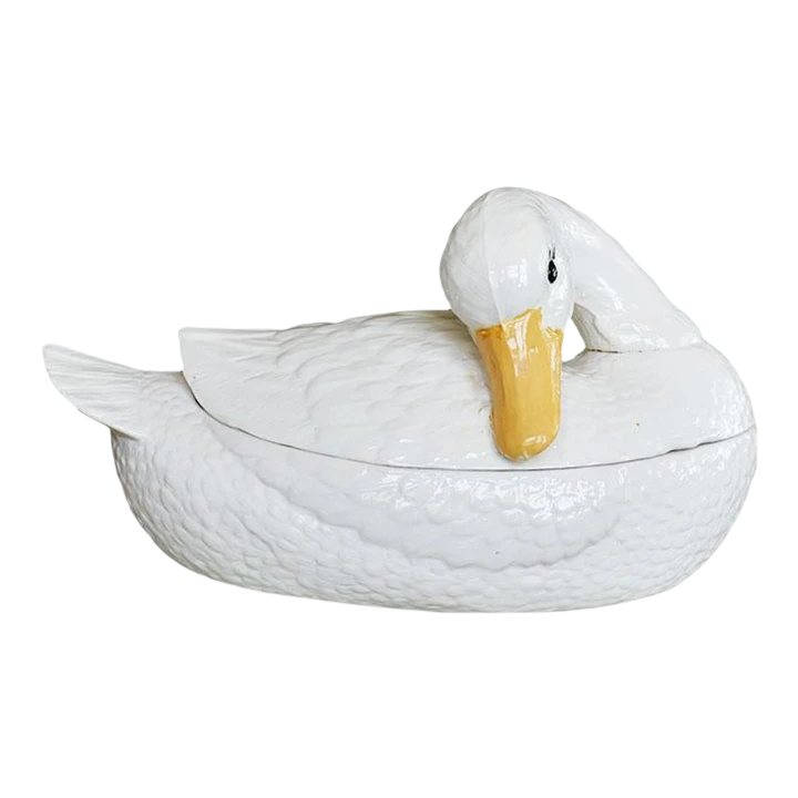 Large Ceramic Cream Painted Covered Duck Tureen With Feather Ladle 3 Large Ceramic Cream Painted Covered Duck Tureen With Feather Ladle