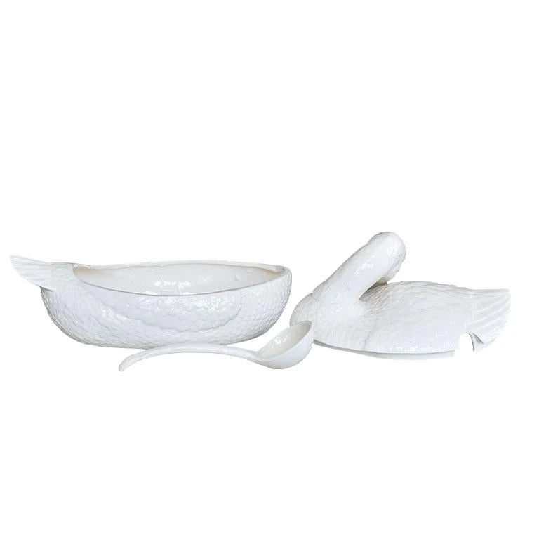 Large Ceramic Cream Painted Covered Duck Tureen With Feather Ladle 5 Large Ceramic Cream Painted Covered Duck Tureen With Feather Ladle - Image 3