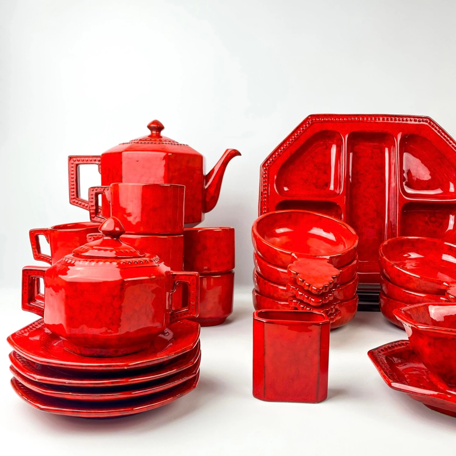 P V Italy Ceramic Orange Red Coffee/Tea And Serving Set- 25 Total Pieces 5 P V Italy Ceramic Orange Red Coffee/Tea And Serving Set- 25 Total Pieces - Image 3