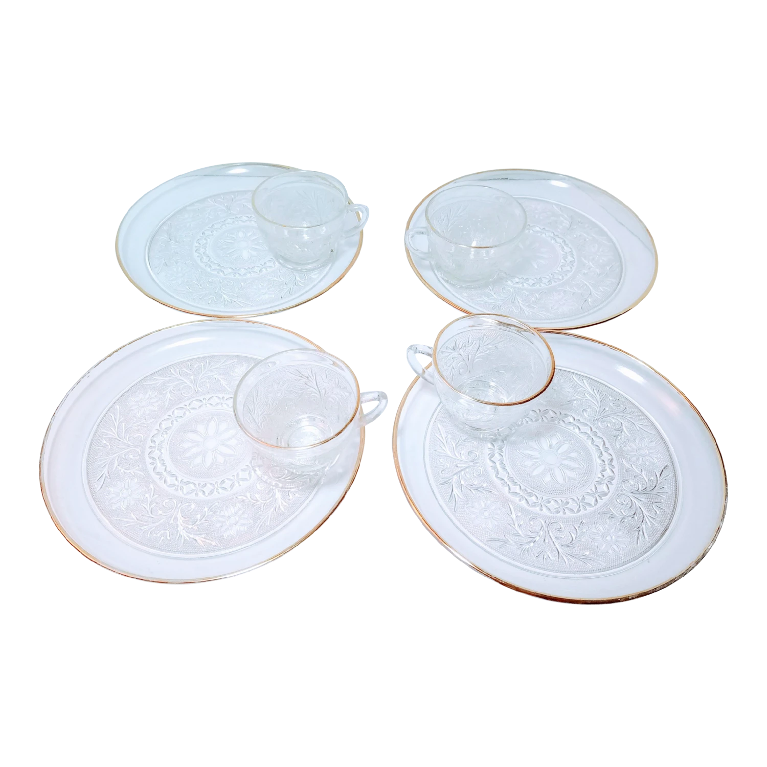 Vintage Anchor Hocking Eight Piece Set Sandwich Clear Snack Plates & Cups 3 Vintage Anchor Hocking Eight Piece Set Sandwich Clear Snack Plates & Cups