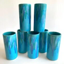 Vintage Mid Century Modern Dryden Studio Art Pottery Drip Glaze Ceramic Tumbler Cups - Set Of 7 -Lenox Shop vintage mid century modern dryden studio art pottery drip glaze ceramic tumbler cups set of 7 0404
