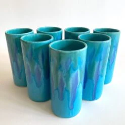 Vintage Mid Century Modern Dryden Studio Art Pottery Drip Glaze Ceramic Tumbler Cups - Set Of 7 -Lenox Shop vintage mid century modern dryden studio art pottery drip glaze ceramic tumbler cups set of 7 3779