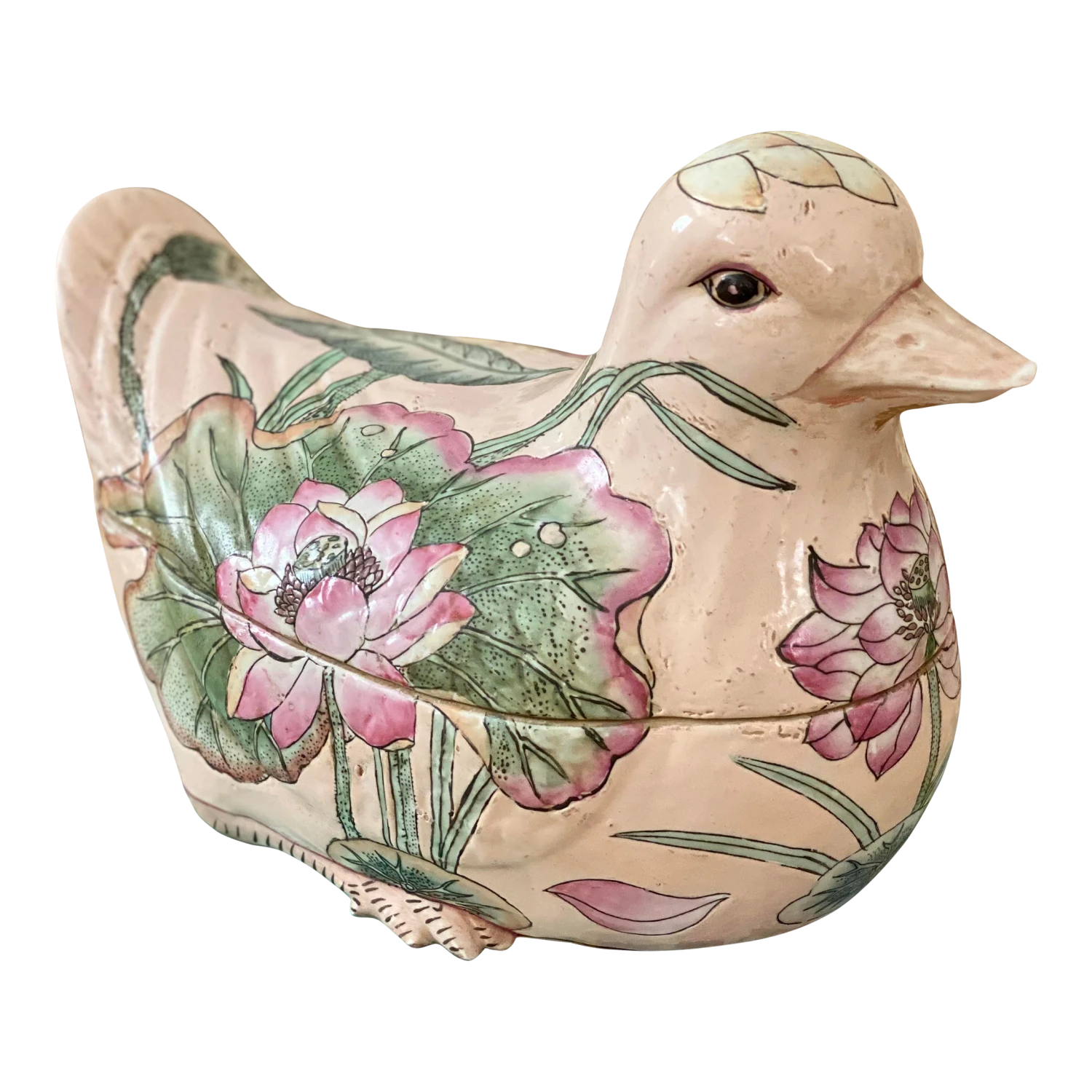 Vintage Porcelain Pink Floral Duck Tureen 3 Vintage Porcelain Pink Floral Duck Tureen