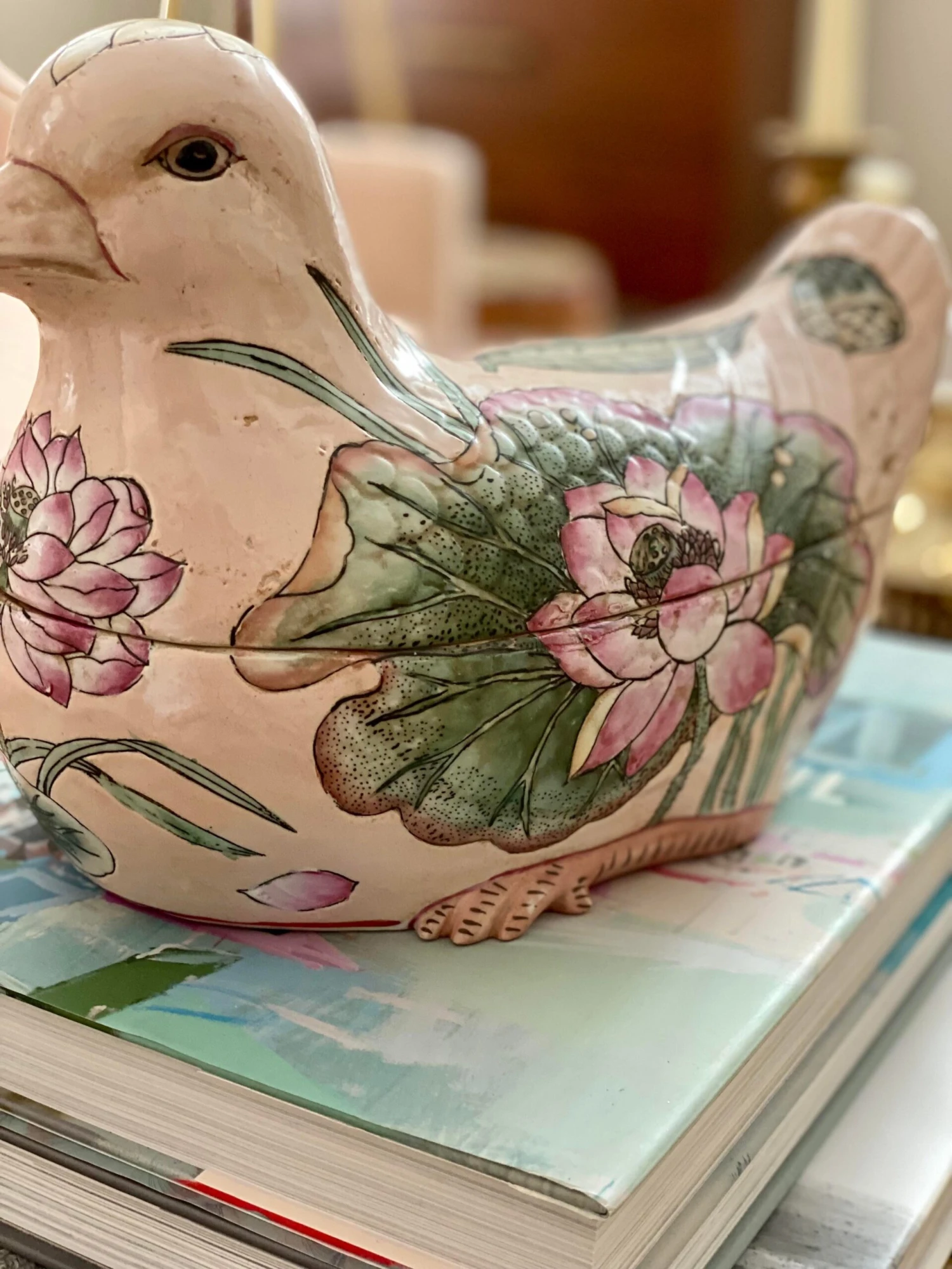 Vintage Porcelain Pink Floral Duck Tureen 7 Vintage Porcelain Pink Floral Duck Tureen - Image 5