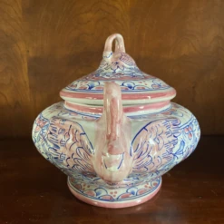 Vintage Portuguese Pink Blue Tureen With Swan Handles -Lenox Shop vintage portuguese pink blue tureen with swan handles 5824