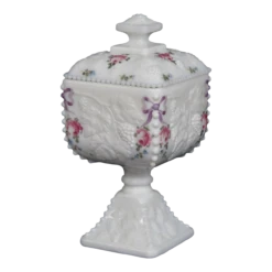 Westmoreland Milk Glass Beaded Edge Square Grape Pedestal Candy Bowl